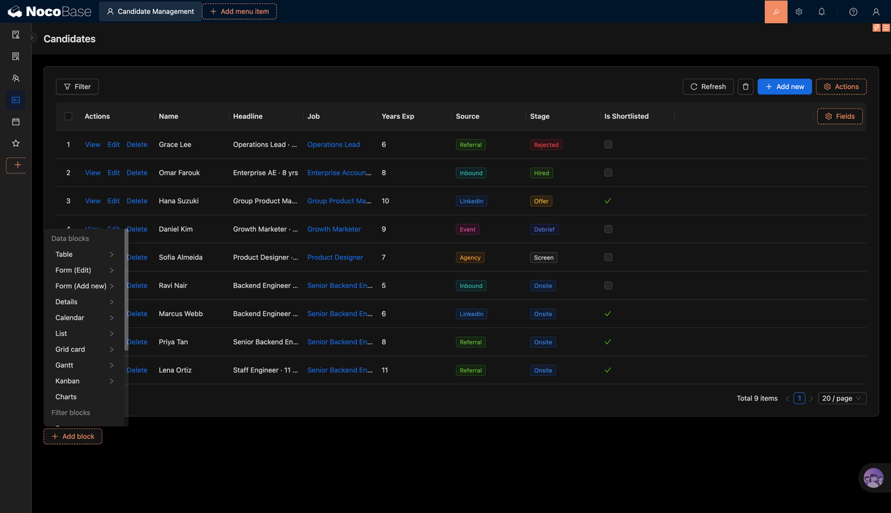Recruiting page and data block configuration in NocoBase